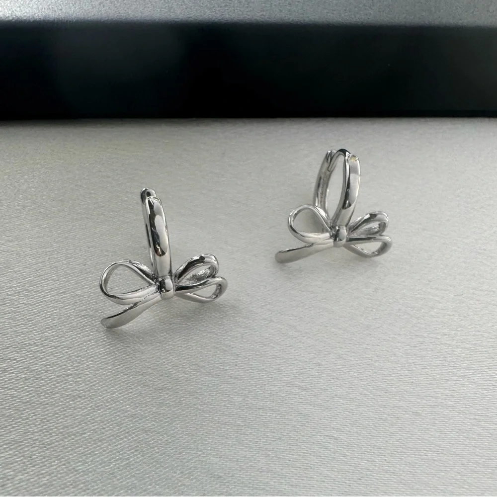 Huggie Bow Silver Hoop Earrings for Women - Picture 1 of 5